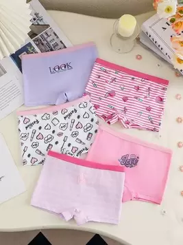Chatreadl Set de 5 bragas cómodas y transpirables con elástico para niñas con diseños lindos de lápiz labial, anillo de diamante, moño, letras y dibujos animados