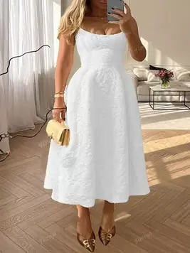 Vestido de boda de verano Floreya para tallas grandes, vestido elegante de color liso de alta gama francés, ligero, ceñido a la cintura, con tirantes finos y largo midi, vestido blanco