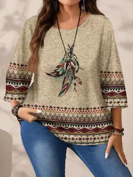 EMERY ROSE Camisa holgada de manga 3/4 con cuello redondo y estampado total para mujer de talla grande, prendas de vestir occidentales para mujeres
