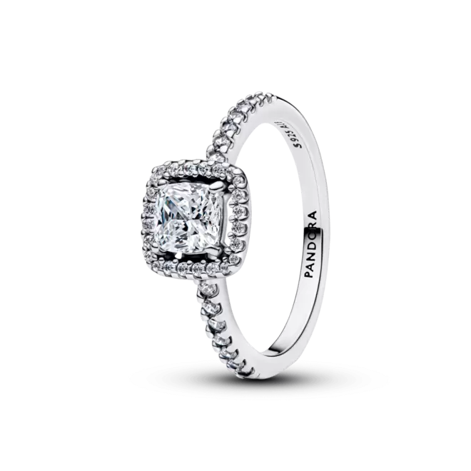 Anillo Halo Cuadrado Brillante Plateado