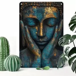 -30%1 pieza Vintage Arte de pared de Buda de metal, Letrero de aluminio de 8x12 pulgadas, Placa colgante inspirada en el Zen de diseño sereno pintado a mano, Acabado rústico de bronce y turquesa, Con agujeros previamente perforados para una instalación se