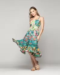 Vestido Mujer Velinda Con Vuelos Y Elasticado Estampado Tropical Verde LineatreVestido Mujer Velinda Con Vuelos Y Elasticado Estampado Tropical Verde Lineatre