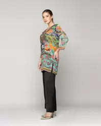 Túnica Mujer Qiana Con Brillos Estampado Étnico Tropical Verde LineatreTúnica Mujer Qiana Con Brillos Estampado Étnico Tropical Verde Lineatre