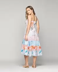 Vestido Mujer Velinda Con Vuelos Y Elasticado Estampado Celeste LineatreVestido Mujer Velinda Con Vuelos Y Elasticado Estampado Celeste Lineatre