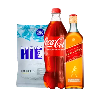 Whisky Johnnie Walker Etiqueta Roja 750cc + Coca Cola Original 1.5L + Hielo 2Kg