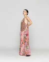 Vestido Mujer Vicenta Largo Cuello V Estampado Fucsia LineatreVestido Mujer Vicenta Largo Cuello V Estampado Fucsia Lineatre