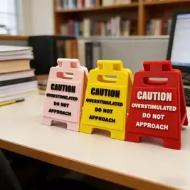 NEWSeñal de precaución para escritorio, señal de advertencia divertida de oficina de plástico "Sobrestimulado, no acercarse" Decoración de escritorio para oficina, dormitorio o sala de estudio