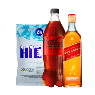 Whisky Johnnie Walker Etiqueta Roja 750cc + Coca Cola Zero 1.5L + Hielo 2Kg