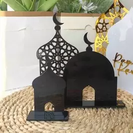 -15%3 piezas Decoración de sobremesa de acrílico con diseño de castillo de luna 3D, decoración del hogar para días festivos, centro de mesa para fiestas, decoración para Eid, preparación para Eid, regalo de festival, decoración negra para Eid
