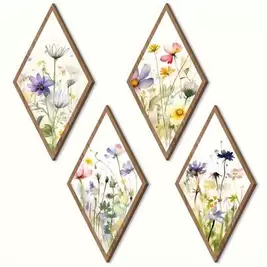 -1%Set de 4 piezas Decoraciones colgantes de estilo bohemio de madera, arte de pared de plantas y flores, adecuado para decoración del hogar, tema de amor, sin necesidad de electricidad, ideal para decoración de pared del baño, tamaño de cada pieza: 15 x
