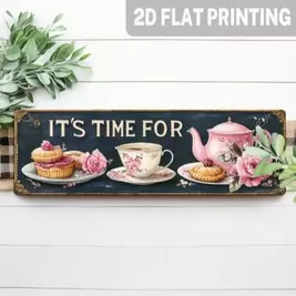 -4%1 pieza de cartel de madera con diseño floral rosa "Hora del té" impreso en 2D, con un estilo retro. Cartel decorativo de pared montado, utilizado para la cocina, el comedor, la cafetería, la sala de té o el café. Decoración de pared para cafetería. De