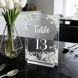 -19%OUTANA 3 piezas Placas de número de mesa de acrílico transparente de una sola cara, con patrón floral, base resistente, adecuado para bodas, fiestas de cumpleaños, reuniones de negocios, marcadores de mesa de restaurante