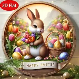 -6%1 pieza Cartel colgante redondo de madera con conejo y huevo de Pascua en 2D plano - Arte de pared de primavera en 2D plano con tulipanes vibrantes, huevos coloridos y una cesta, ideal para decoración del hogar, jardín, entrada, gran regalo para amigos