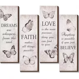 NEW4 piezas Decoración de pared con mariposas, tamaño 11 x 4 pulgadas, incluye citas inspiradoras sobre fe, sueños y amor, material de madera, adecuado para decoración del hogar en baño y dormitorio