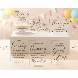 -13%6 piezas de letreros de boda acrílicos, placas acrílicas transparentes de 5"X7" con soportes, adecuados para la ceremonia y recepción de boda, decoración para mesa conmemorativa, tarjetas, regalos, libro de visitas