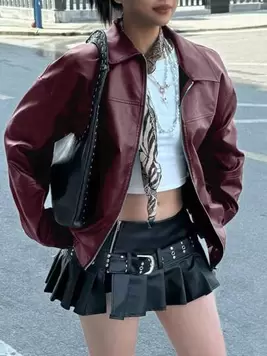 -13%INAWLY Chaqueta de de manga larga, corte holgado, estilo motero para mujer, de otoño/invierno