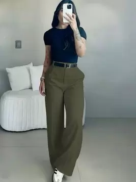 -9%Pantalones de pierna ancha de cintura alta y ajuste delgado en verde militar | Estilo callejero bohemio | Adecuado para uso casual, ir al trabajo y vacaciones en primavera/verano