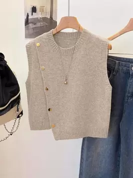 -5%1 pieza Chaleco sin mangas de punto de unicolor con cuello redondo corto, diseño asimétrico con botones, accesorio de moda, chaleco versátil de punto para el verano