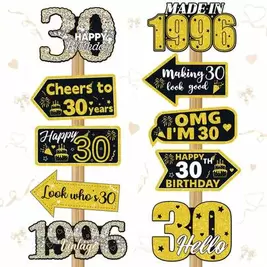 -10%10 piezas Decoraciones de 30 cumpleaños en negro y dorado, Accesorios para fotomatón de 30 años, Decoración del año 1996 para fiesta de 30 cumpleaños en el hogar, sala de estar, exterior