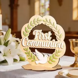 -9%Placa de madera con cruz para decoración de mesa, "Primera Comunión Que Dios bendiga Fe Esperanza Amor", adecuada para la Comunión católica cristiana, ceremonia de