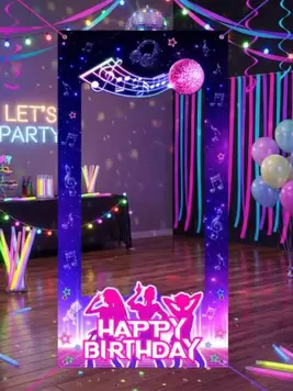 -11%1 pieza Fondo de cabina fotográfica con tema de música neón y feliz cumpleaños, pancarta de marco de puerta que brilla en la oscuridad de color púrpura con patrón de bola de discoteca y notas musicales, para fiesta de cumpleaños, fiesta de baile, even