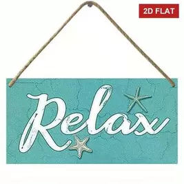 -10%Decoración de pared "Relax" en azul turquesa - Texto cursivo blanco grande "Relax" con acento de estrella de mar - Placa de madera falsa en azul turquesa, adecuada para baño, spa, decoración de casa de playa - Diseño plano 2D de fácil colgado, decorac