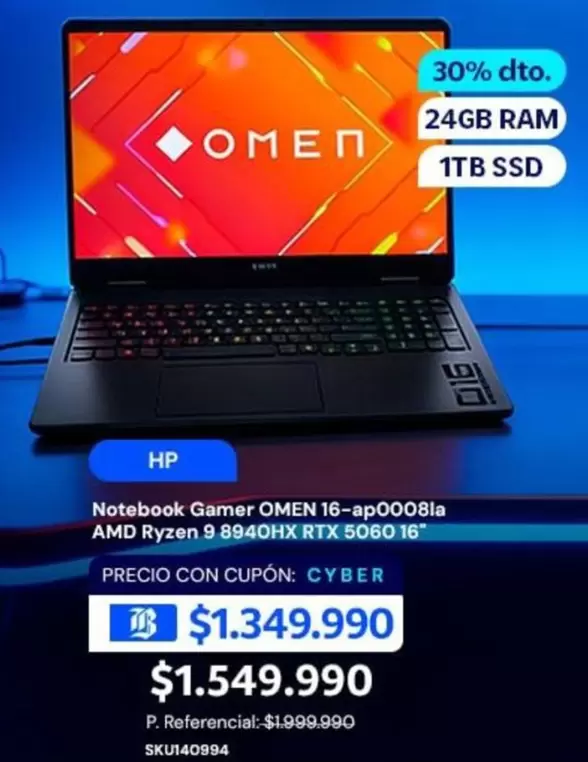 HP - Notebook Gamer Omen 16-ap0008ia Ryzen 9,8840dxr Rtx 5060 16"