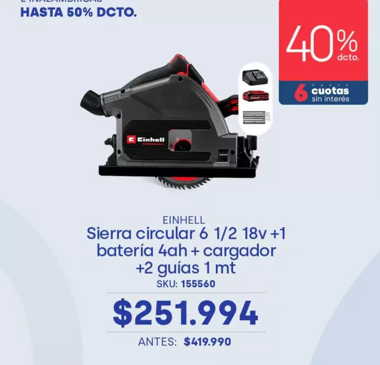 Einhell - Sierra Circular 6 1/2 18v + 1 Bateria 4ah + Cargador + 2 Guias 1 Mt