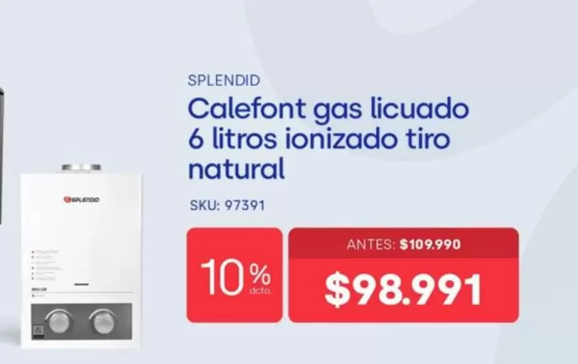 Splendid - Calefont Gas Licuado 6 Litros Ionizado Tiro Natural