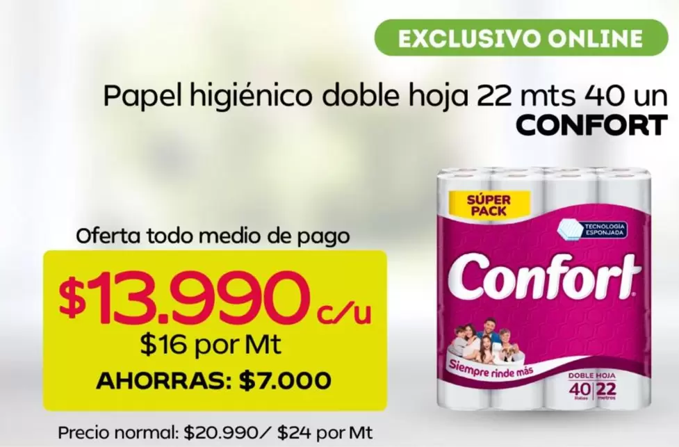 Confort - Papel Higiénico Doble Hoja 22 Mts