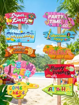 10 piezas Conjunto de señales de bienvenida al estilo tropical de Hawái, Señales direccionales de fiesta de luau de Aloha, Señales direccionales con diseños de palmeras y piñas, Señales de papel DIY para fiesta tropical de verano, Accesorios para photoboo