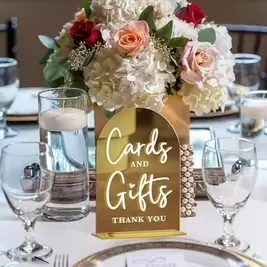 -5%Tarjetas de acrílico espejo dorado y letrero de mesa para regalos, letrero de boda en forma de arco de lujo para escritorio, viene con base para colocación estable, textura de espejo exquisita, adecuado para banquete de boda, fiesta, ceremonia de compr