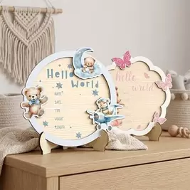 -5%1/4 piezas "Hola Mundo" Tablero de anuncio de nacimiento de madera, registra fecha, hora, peso, altura, regalo de nacimiento ideal y decoración de habitación, captura perfectamente detalles memorables, decoración con forma de oso, decoración de anuncio
