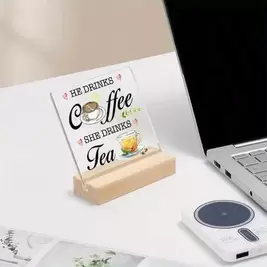 NEW1 pieza Placa de acrílico cuadrada con base de madera, estilo rústico "Él bebe café Ella bebe té" Decoración de escritorio Letrero de oficina de acrílico Placa de acrílico divertida para cocina Decoración de escritorio de oficina en casa, Letrero y pla