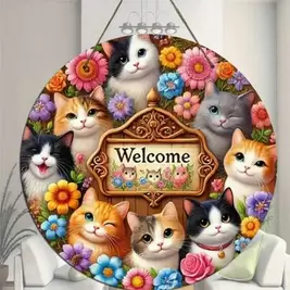 -4%Últimos 2 díasCartel de bienvenida encantador de gato, decoración de pared de madera redonda con diseño colorido de flores y piñas, patrón de gatos muy lindo - perfecto para el hogar, el jardín, la cocina, el bar, el restaurante y el garaje, borde de e
