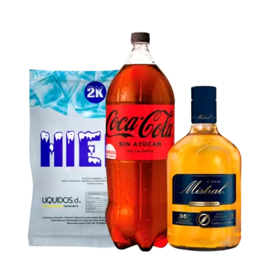 Pack Pisco Mistral 35° 1lt + Coca Cola Zero 3lt + Hielo 2kg$9.490$14.870