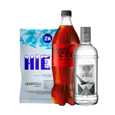 Pack Pisco Alto del Carmen Transparente 750cc + Coca Cola Zero 1.5L + Hielo 2Kg$9.190$12.590