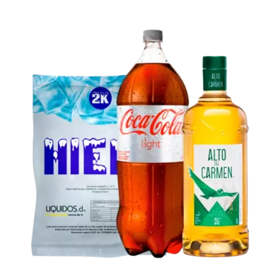 Pack Pisco Alto del Carmen 35° 1lt + Coca Cola Light 3lt + Hielo 2kg$9.990$12.290