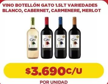 Gato - Vino Botellón 1.5lt Variedades Blanco, Cabernet, Merlot