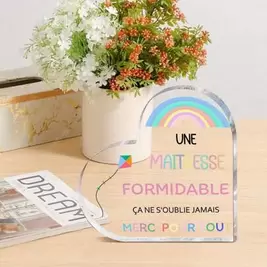 -18%1/2 piezas, Placa de acrílico tallada con forma de corazón 2D, estilo clásico alemán, tema familiar, decoración de escritorio, multiusos, sin batería, regalo de gratitud único para mujeres, madres, tías, maestras - "Une Maitresse Formidable" (Una anfi