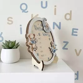-3%1/4 piezas "Hola Mundo" Tablero de anuncio de nacimiento de madera, registra fecha, hora, peso, altura, regalo de nacimiento ideal y decoración de habitación, captura perfectamente detalles memorables, decoración con forma de oso, decoración de anuncio