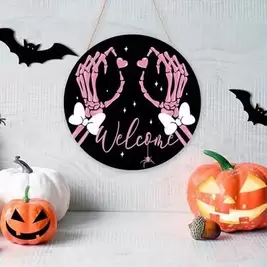 NEW1pc 2D Flat Printed Wooden Sign, Welcome Halloween Gothic Pink Skeleton Hand Front Door Sign, Skeleton Bow Heart Wooden Hanger Outdoor Porch Home Decor, Funny Wooden Wreath Indoor Wall Hanging Decoration, Decorative Sign And Plaque