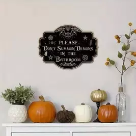 NEW2D Flat, 1pc Wooden Halloween Hanging Sign - "Do Not Summon Demons In The Bathroom" - Gothic Home Decor, Suitable For Holiday Occasions Hanging Wall Decor, Durable Bathroom Decoration, Perfect Gift For Thanksgiving, Halloween, Christmas And New Year, I