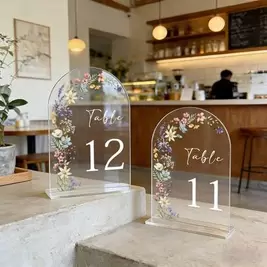 -8%1pc Floral Pattern Arch Acrylic Table Numbers With Stands For Wedding Reception Cafe Restaurant Party Clear Reusable Banquet Centerpiece Wedding Table Signs Home Decor