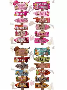 -9%24pcs Western Party Direction Signs, Yard Cowboy Rodeo Theme Hollow Wild West Welcome Sign Decor, Western Birthday Photo Prop Background Wall Party Decoration