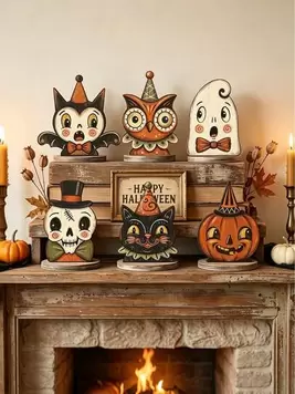 NEWVintage Halloween Decor For Indoor, Vintage Wooden Block Shelf Decoration, Cute Ghost, Pumpkin, Black Cat, Skeleton, Witch Owl, Housewarming Gift