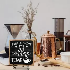 -7%1pc Vintage Coffee Bar Wooden Sign, "Time For Coffee, Rise And Shine", 4 X 4 Inches, Suitable For Home Kitchen Farmhouse Coffee Bar Decor Or Gift