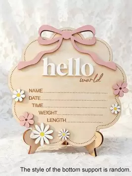 1pc "Hello World" Wooden Sign With Pink Bow, Cloud Shaped Floral Date Time Weight Length Board, Suitable For Room Photography Props