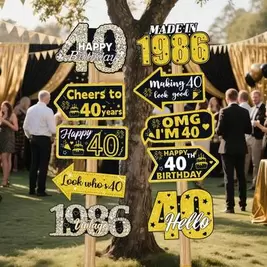 10pcs Black & Gold 40th Birthday Decorations, 40 Years Old Birthday Photo Booth Props, 1986 Year Decor For 40th Birthday Party Home, Living Room, Outdoor