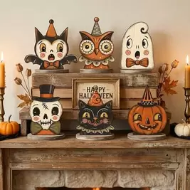 -5%1/6pcs Vintage Halloween Wooden Tabletop Decor Set, Retro Farmhouse Freestanding Figurines, Bat Owl Ghost Skeleton Black Cat Pumpkin Ornaments, Tiered Tray Shelf Decor For Home Halloween Party Indoor Decoration